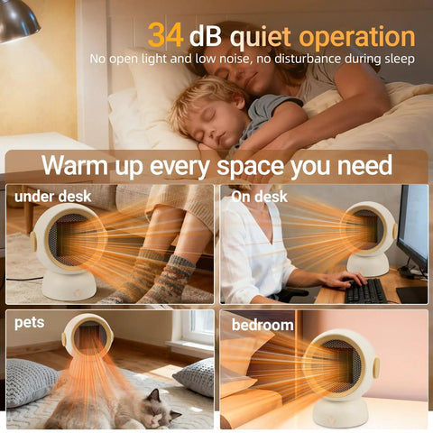 Tiny But Mighty Ceramic Space Heater With 1200W Quick Heat Two Modes Ultra Quiet Personal Heater For Home Office Or Bedroom Under Desk Keeps A Cozy 300 Sq Ft Warmth White shown in various settings.