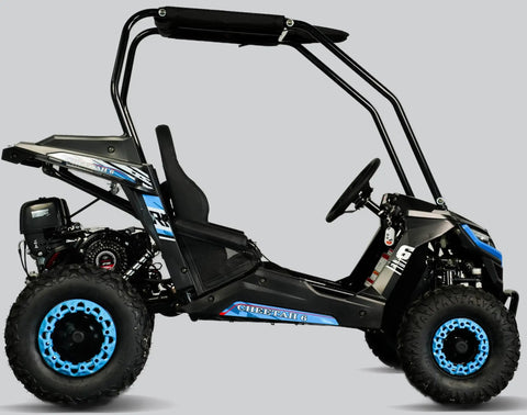 Side view of Cheetah 6 Youth Go Kart With 163cc 5.5HP Engine Electric Start Remote Kill Speed Governor 4 Point Safety Belt
