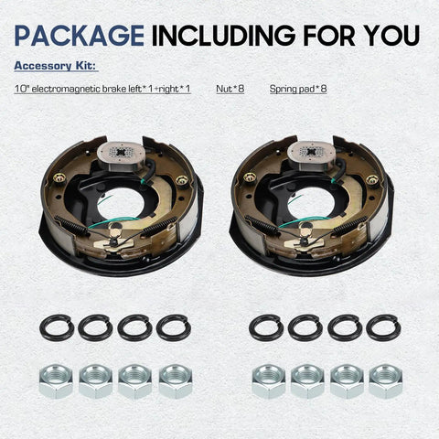 Pair Of 10 X 2-1/4 Electric Trailer Brakes For 3500 Lb Axles With Four Bolt Mounting, includes nuts and springs.