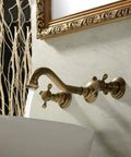 Antique Brass Bathroom Sink Faucet Set With Ceramic Disc Valve, Widespread Design, Mounted on Wall Above Vessel Sink