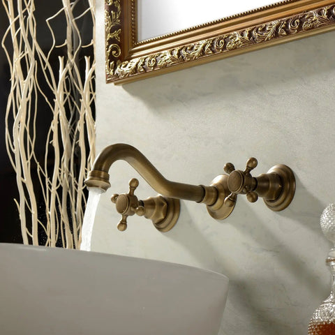 Antique Brass Bathroom Sink Faucet Set With Ceramic Disc Valve, Widespread Design, Mounted on Wall Above Vessel Sink