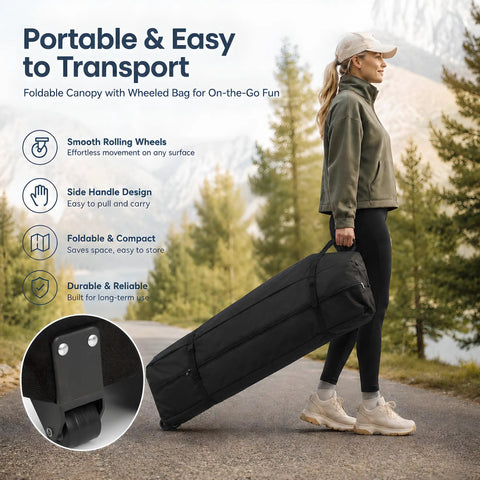 Woman carrying 10x10 Pop Up Canopy With Sidewalls Quick Setup Portable Sun Shade Beach Tent Gazebo in wheeled bag