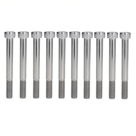Dead Nuts Reliable M10 X 110mm Hex Socket Head Cap Screws Bolt Kit With 10 Pack A2-70 Stainless Steel bolts in a row.