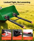 Clamp On 60-Inch Total Length Pallet Forks For Tractors And Skid Steers, Heavy-Duty 4,000 Lb Capacity, mounted on green loader