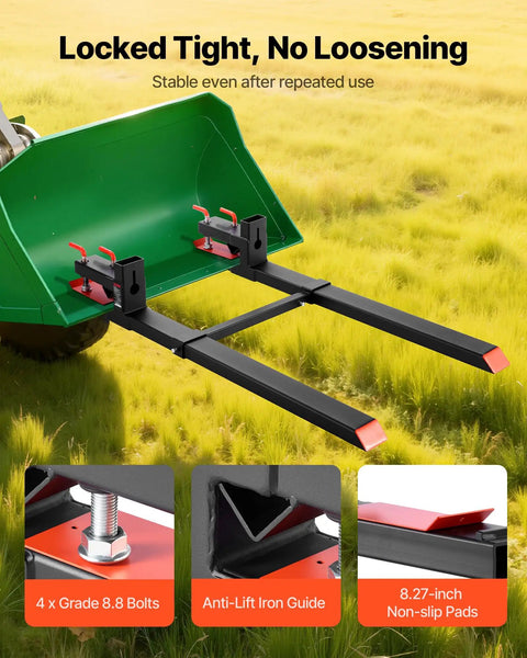 Clamp On 60-Inch Total Length Pallet Forks For Tractors And Skid Steers, Heavy-Duty 4,000 Lb Capacity, mounted on green loader