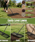 Wide 30 Inch Lawn Leveling Rake With Adjustable 47 To 77 Inch Telescoping Handle And 180 Degree Rotating Head in use on lawn