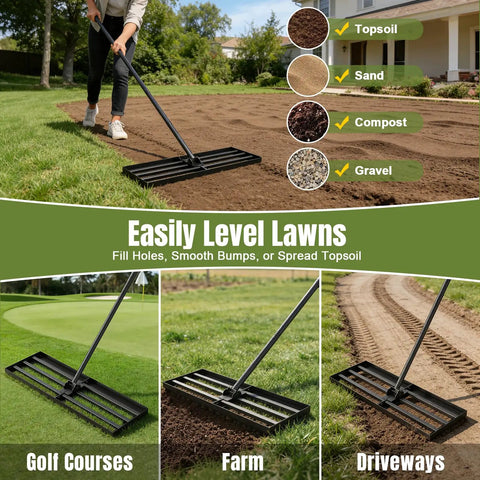 Wide 30 Inch Lawn Leveling Rake With Adjustable 47 To 77 Inch Telescoping Handle And 180 Degree Rotating Head in use on lawn