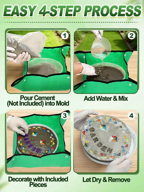 Step-by-step creation with Make Your Own Outdoor Stepping Stones Kit With 3 Sets Of 10 Inch Molds, mosaic tiles, stamps, carving tools.
