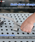 Two Pack 14 Inch Bench Clamp System For Welding Tables Heavy Duty C Clamps With M8 Bolts Deep Reach Jaw Four Seven Eight Inch Throat Five And Five Eighth Inch Table Mounted Ideal For Welding Woodworking Drilling Routing And Assembly on perforated workbench