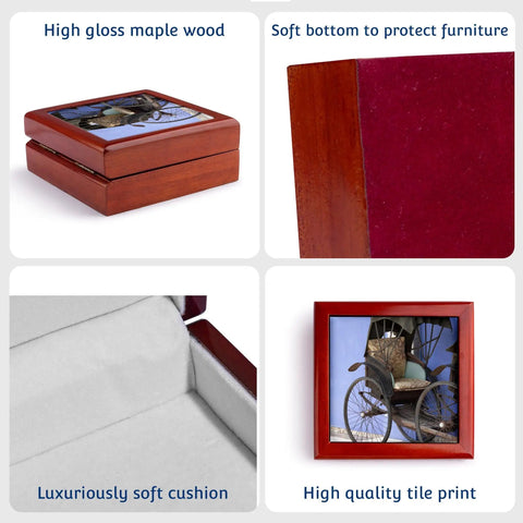 Rad Vintage Penang Rickshaw Ceramic Tile Jewelry Box Crafted From Polished Maple Wood featuring snug recessed hinged lid and ultra cushioned interior.
