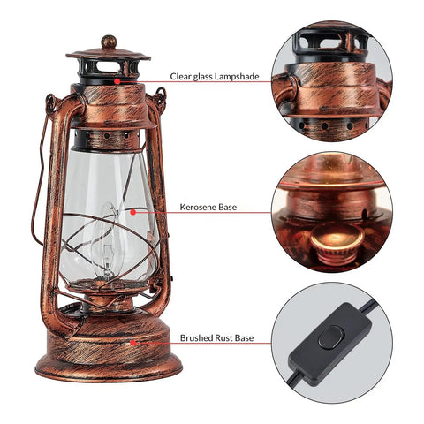 Rustic Lantern Table Lamp With Glass Shade For Living Room And Bedroom, Vintage vibe lamp with kerosene base and brushed rust accents