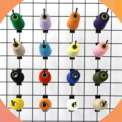 32 Pack Black Gridwall Hooks Six Inch Heavy Duty Display Hooks For 3 X 3 Wire Grid Panels displaying colorful spools of thread.