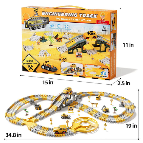 Construction Race Track Toy Set For Toddlers And Boys 2 To 6 With 200 Flexible Tracks 2 Electric Race Cars and 4 Trucks