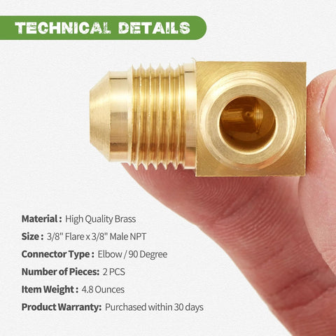 Brass 90-degree elbow pipe fitting, 3/8 in flare x 3/8 in male NPT, side view