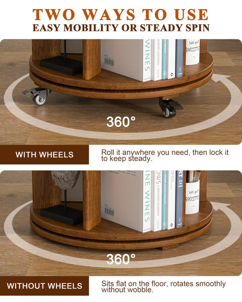 Six Tier Solid Wood Rotating Bookshelf On Wheels With Smooth Three Sixty Spin And Locking Wheels Makes This Round Walnut Bookcase A Real Game Changer For Tiny Bedrooms Or Offices While Providing Super Sturdy Storage And Zero Hustle Access