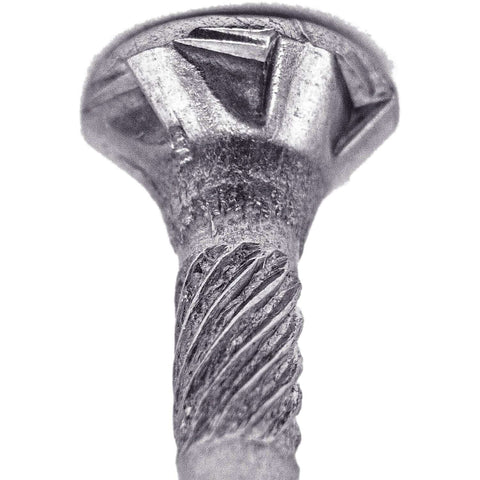 Close-up of Beefy Eight By One And One Half Inch Silver Star Stainless Steel Wood Screw With Torx Star Drive Head, Grade 305 Stainless