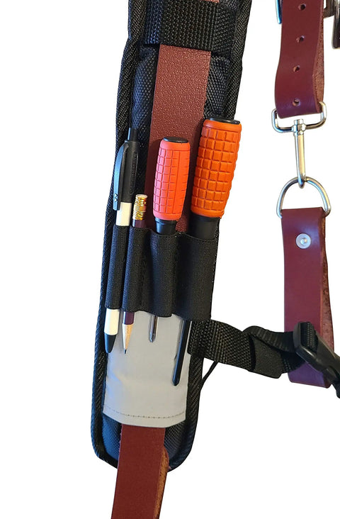 Premium Leather Tool Belt Suspenders With Extra Thick Padding Contoured Yoke For Back Support And Even Load Distribution pen and tool holder detail