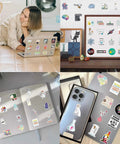 Collage of 100 Piece Science Stickers Pack For Chemistry Biology Physics Nerds on laptop, board, notebook, and phone