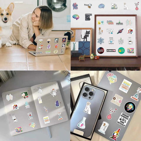 Collage of 100 Piece Science Stickers Pack For Chemistry Biology Physics Nerds on laptop, board, notebook, and phone