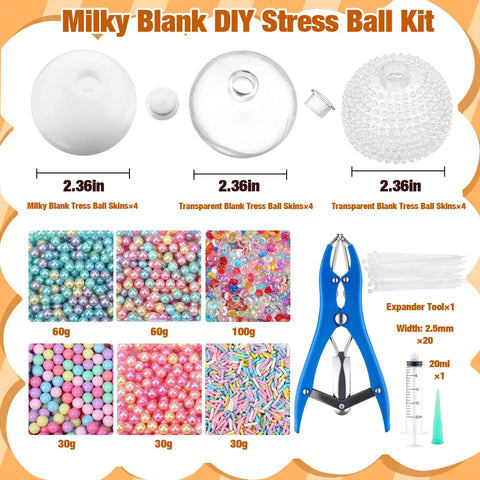 DIY Stress Ball Making Kit With 12 Blank Silicone Balls Skins Beads Expansion Tool Vacuum Evacuating Device And Injectors displayed