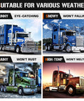 Semi trucks in various weather, featuring Domed Front Axle Cover Kit For Semi Trucks With Screw On 33mm Lug Nut Chrome ABS Plastic 10 Hole Removable Caps 2 Pack Universal Fit For 11 And One Quarter Inch Bolt Circle And 20, 22.5 And 24.5 Inch Wheel Sizes.