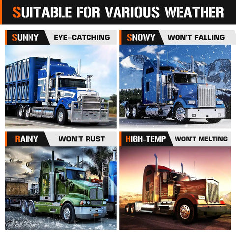 Semi trucks in various weather, featuring Domed Front Axle Cover Kit For Semi Trucks With Screw On 33mm Lug Nut Chrome ABS Plastic 10 Hole Removable Caps 2 Pack Universal Fit For 11 And One Quarter Inch Bolt Circle And 20, 22.5 And 24.5 Inch Wheel Sizes.
