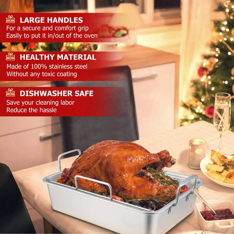14 Inch Stainless Steel Roasting Pan Set With V Shaped Rack And Baking Rack For Turkey Or Chicken Pro Grade Heavy Duty Roaster Pan With Handles Dishwasher Safe 3 Piece Lasagna Pan And More Healthy Kitchen Must Have with roasted turkey on dining table