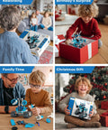 Children opening and assembling a 5-In-1 STEM RC Robot Building Kit With 408 Pieces App Control And Remote Blocks, holiday theme.