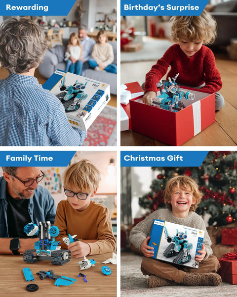 Children opening and assembling a 5-In-1 STEM RC Robot Building Kit With 408 Pieces App Control And Remote Blocks, holiday theme.