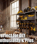 Heavy Duty Power Tool Organizer For Wall Mount Garage Storage With 320 Pounds Capacity Three Tier Iron Wire Rack With Seven Drill Slots And Battery Charging Station Shelf installed in workshop