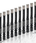 Ten Pack One Quarter Inch Diamond Drill Bits Set With Diamond Hole Saw For Ceramic Tile Glass Granite Marble Brick And Stone Core Drill Bits With Vacuum Brazed Technology For Dry And Wet Drilling 6 Mm Pro Grade Tough Build displayed on marble surface