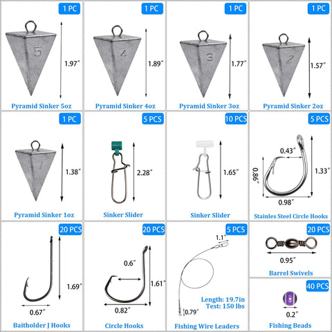 Surf Fishing Tackle Kit 130Pcs Saltwater Rigs Set With Fish Finder Rig Live Bait Rigs Include Leaders Pyramid Sinkers Hooks