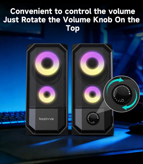 Desktop Computer Speakers Hi Res Stereo Pair with Dual 5W Full Range Drivers USB Powered and 3.5mm AUX Input, 6 RGB Light Modes