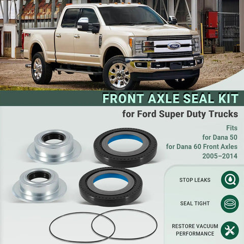 Premium Front Axle Seal Kit For Dana Sixty And Fifty Fits Ford Super Duty F250 F350 F450 F550 Four Wheel Drive with seals and caps.