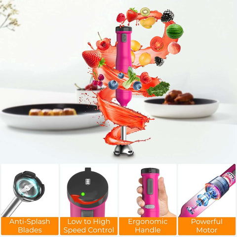 Premium Cordless Immersion Hand Blender With Heavy Duty Motor And 6 In 1 Multifunctional Attachments in pink blending fruits and vegetables.