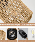Handcrafted Boho Rattan Plug In Pendant Light With Six Watt Led Bulb And Warm 3000k Glow Featuring A Handy Dimmer Switch Plus Fifteen Foot Cord Easy Peasy Setup And Total Vibe Upgrade For Bedroom - close-up of hand-woven rope lampshade.