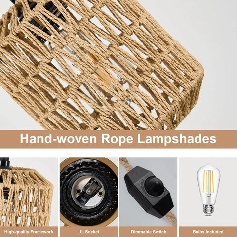 Handcrafted Boho Rattan Plug In Pendant Light With Six Watt Led Bulb And Warm 3000k Glow Featuring A Handy Dimmer Switch Plus Fifteen Foot Cord Easy Peasy Setup And Total Vibe Upgrade For Bedroom - close-up of hand-woven rope lampshade.