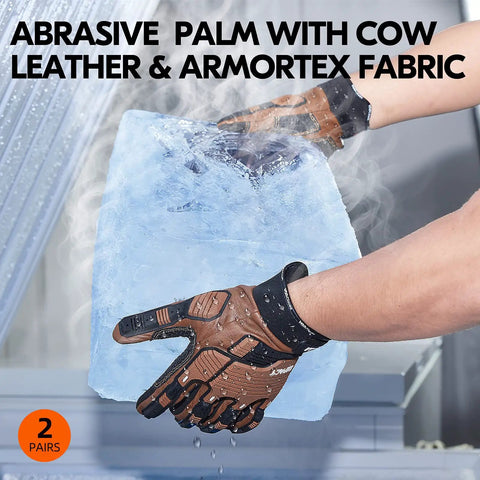 Cow Leather Work Gloves With Impact Protection for Auto, Construction, DIY and More, Size XL Brown gripping ice block