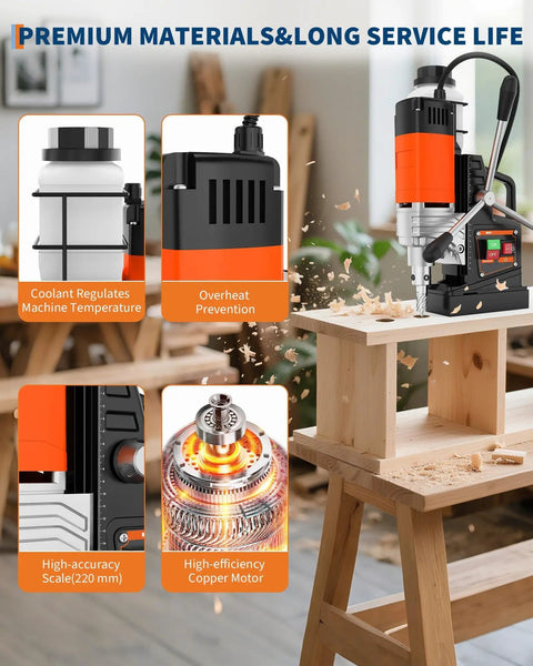 Close-up of 1650W Electric Magnetic Drill Press With 13-Piece Annular Cutter Kit, showcasing cooling and motor features.