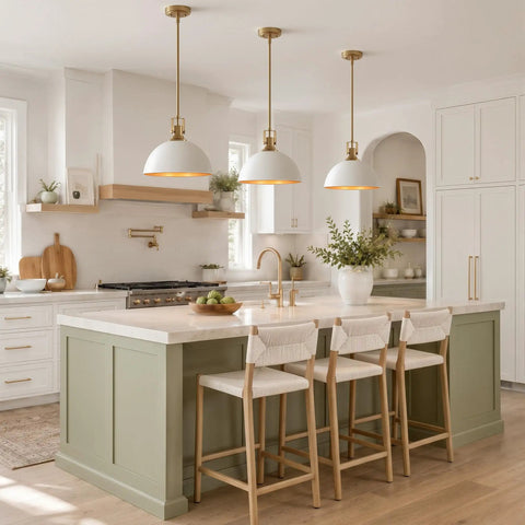 Caiselee 13 in Dome Pendant Light, 1-Light White and Gold Pendant Lighting hanging over a modern kitchen island with green cabinetry.
