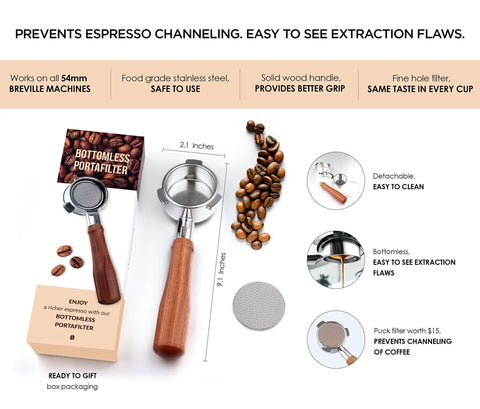 Image of Bottomless 54mm Portafilter for Espresso Machines with Puck Filter Included, Breville Compatible Barista Express Pro Bambino Touch Pro Infuser, shown with wooden handle and filter.