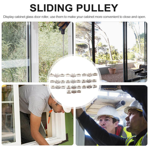 10 Pack Stainless Steel Sliding Door Wheels And Pulleys For Cabinets And Glass Doors Slick Multi Purpose Furniture Roller Kit displayed in use.
