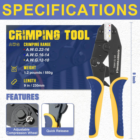 haisstronica HS-8327 crimping tool with 200 marine-grade heat shrink connectors, AWG 22-10, blue and yellow grips