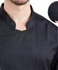 Professional Black Long Sleeve Chef Jacket With Rugged Zipper Closure And Ultra Breathable Kitchen Cook Uniform close-up of collar and zipper detail.