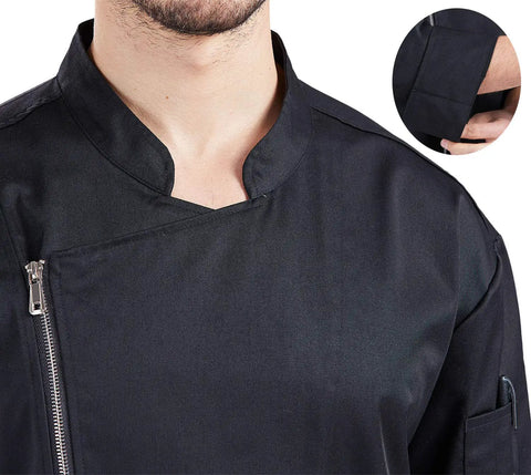 Professional Black Long Sleeve Chef Jacket With Rugged Zipper Closure And Ultra Breathable Kitchen Cook Uniform close-up of collar and zipper detail.