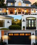 Gooseneck Solar Barn Light 12 Inch Black Outdoor Wall Mount Set installed on porch, garage, and patio after dusk, solar powered