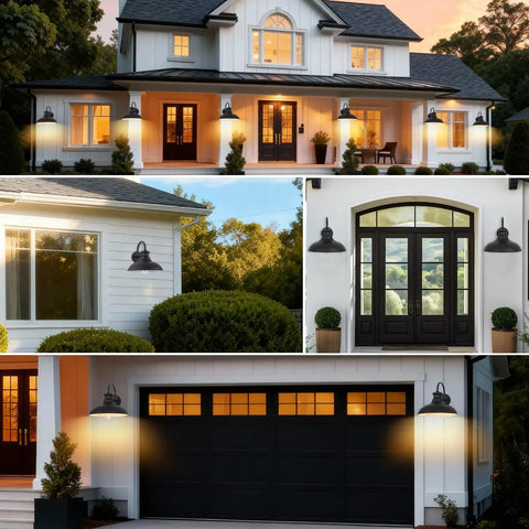 Gooseneck Solar Barn Light 12 Inch Black Outdoor Wall Mount Set installed on porch, garage, and patio after dusk, solar powered