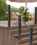 Complete 20 Pack Black Swageless Cable Railing Kit For 3/16 Inch Invisible Deck Wire Fencing featuring sleek black tensioners on wooden stairs.
