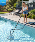 Person using Pro Grade Heavy Duty Pool Vacuum Head And Hose Set With 360 Degree Swivel Cuff 1.5 Inch By 30 Foot Flexible Vacuum Hoses