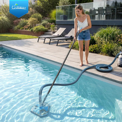 Person using Pro Grade Heavy Duty Pool Vacuum Head And Hose Set With 360 Degree Swivel Cuff 1.5 Inch By 30 Foot Flexible Vacuum Hoses